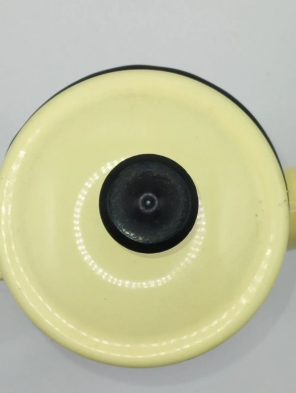 Vintage Yellow Enamelware Coffee Pot, 6 Inches, Bakelite Knob, Black Trim, READ
